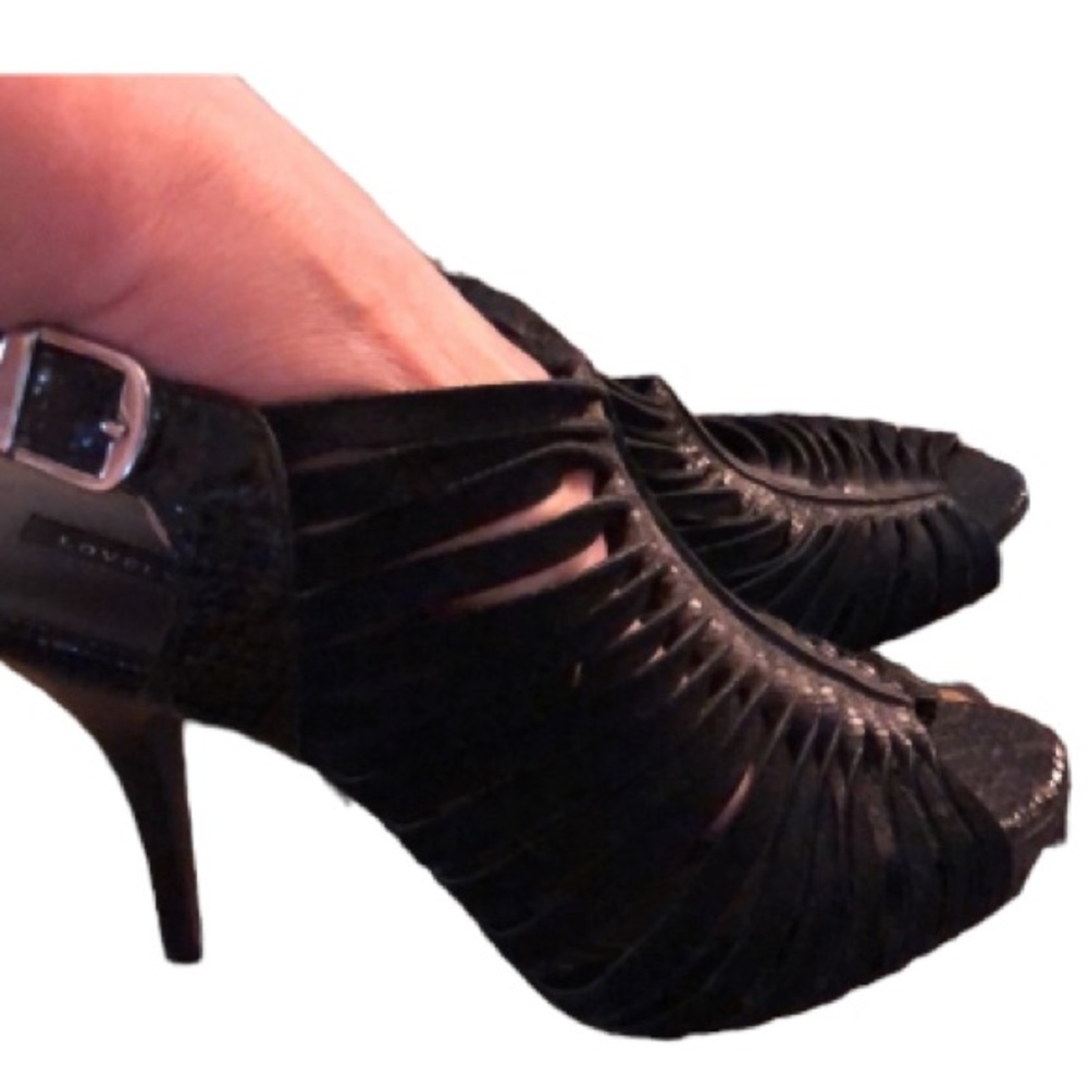 Lovely People  size 10 black suede strappy slingback platforms reptile heel